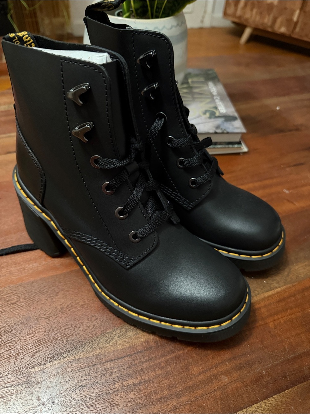 Dr. Martens Jessy Black Lace-Up Platform Ankle Boots with Yellow Stitching